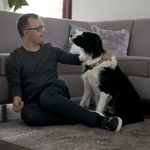 Un homme assis sur le sol avec un border collie